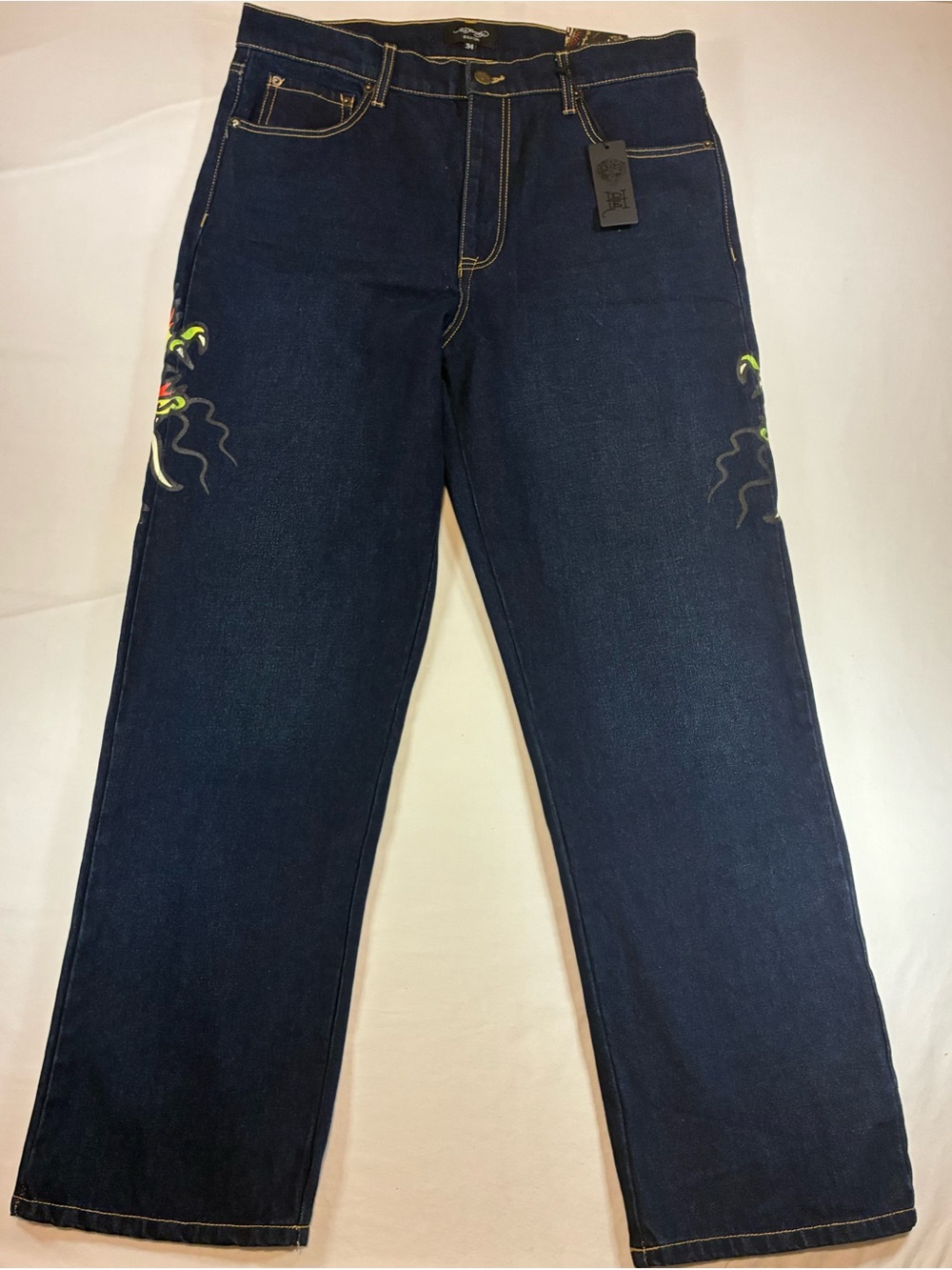 Ed Hardy Black Jeans with Yellow Script and Multicolor Skull - Picture 3 of 11